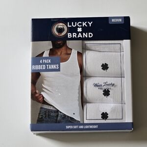 Lucky Brand White Ribbed Tank Tops 4-Pack | Clover Leaf Logo | Classic Essential